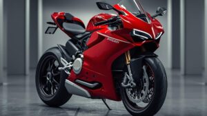 洗練されたモダンなガレージに美しく佇む899パニガーレのシネマティックな写真。中古相場や維持費、スペック情報を網羅する記事の顔となる高品質な一台です。