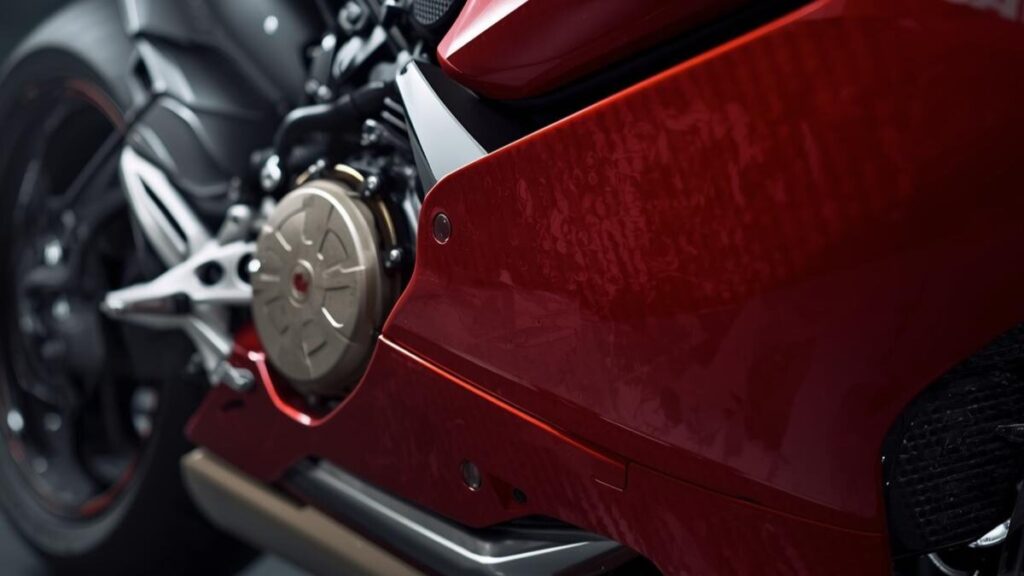 899パニガーレの心臓部であるL型2気筒エンジンとモノコックフレームのクローズアップ。軽量化を突き詰めたメカニカルなスペックを視覚的に表現しています。