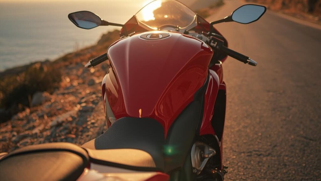 真夏の太陽の下、海岸沿いに停車する899パニガーレ。エンジンからの強烈な熱に対する具体的な対策や、過酷な夏場の走行シーンを連想させるシネマティックな写真です。