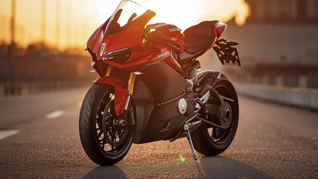 特徴的な両持ちスイングアームとアンダーカウルに収まるマフラーが確認できる899パニガーレ。他モデルとのデザイン上の違いを比較するための鮮明なショットです。