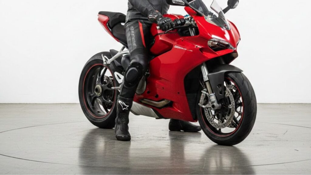 899パニガーレに跨る日本人男性ライダーのライディングポジション。スリムな車体による足つきの良さと、日常使いも考慮された姿勢のバランスを客観的に示しています。