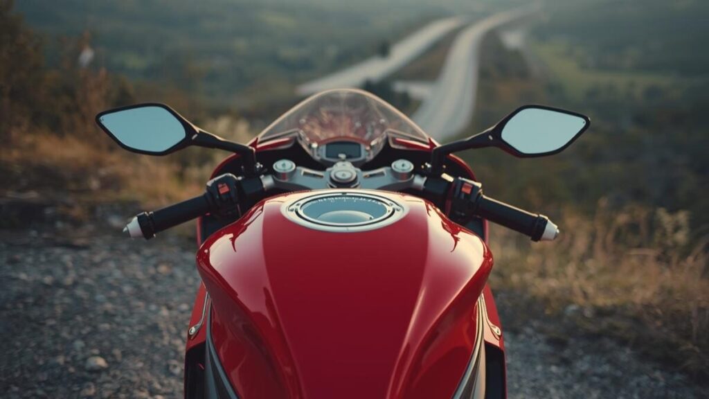 夜明けの絶景ポイントに停まる899パニガーレ。17リットルの燃料タンクと航続距離を意識した、ツーリングの旅情を感じさせる落ち着いた風景です。