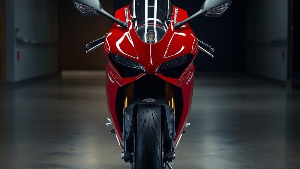 高級感のあるショールームに展示された赤い899パニガーレ。中古市場での価格相場や資産価値を検討する際にふさわしい、状態の良い個体をイメージした写真です。