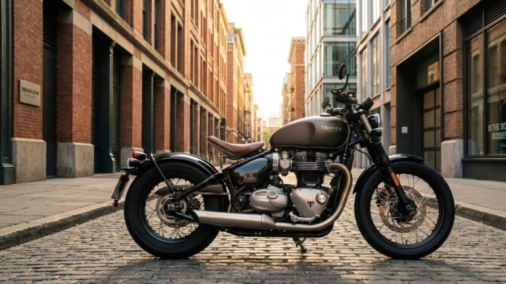 夕暮れの街並みに佇む洗練されたデザインのトライアンフ車。ボンネビルボバーはダサいという評判を覆すような、美しく高級感のある外観を強調した高画質な画像です。