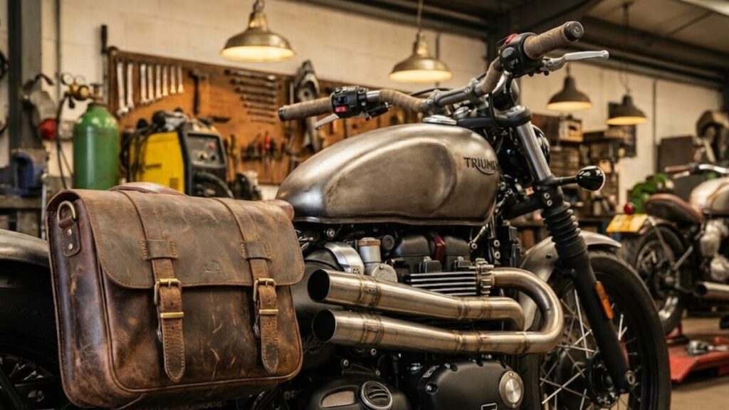 サイドバッグやマフラーで自分好みにアレンジされたカスタム車両。ボンネビルボバーはダサいという評価を個性に変える、オーナー独自のこだわりが詰まったスタイリングです。