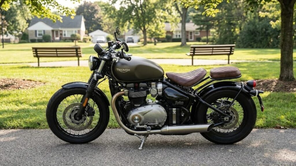 タンデムシートを装着した二人乗り仕様の車両。ボンネビルボバーはダサいとされる実用面をカバーしつつ、ソロとタンデムの両立を検討する際の参考になる構図の画像です。