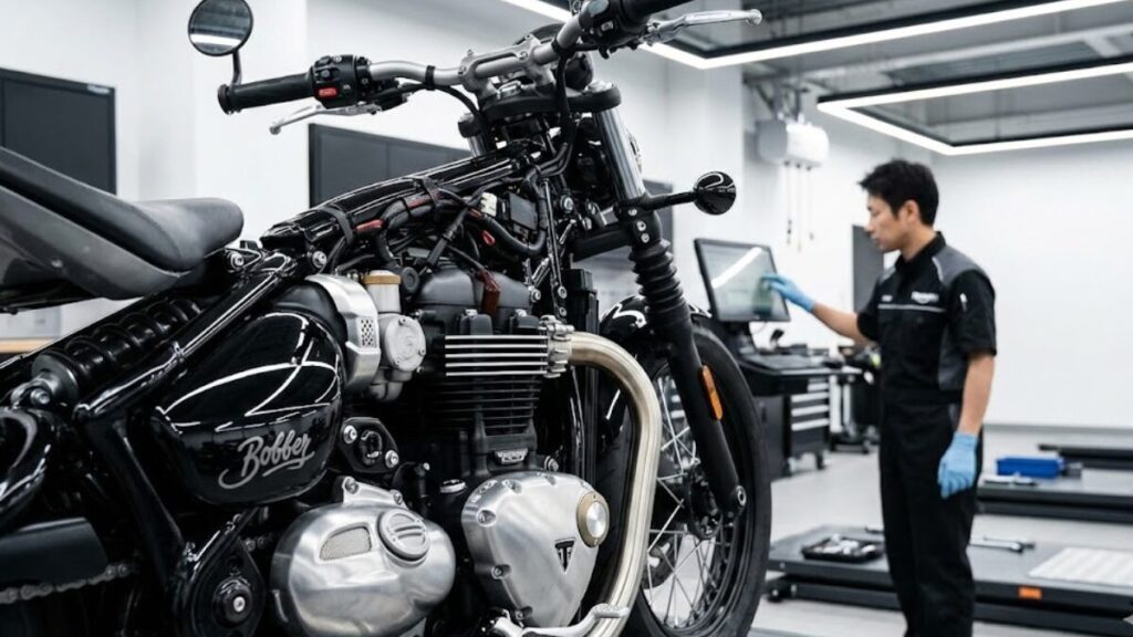 正規ディーラーで点検を受ける車体。ボンネビルボバーはダサいという評価とは別に気になる、輸入車としての信頼性やメンテナンス体制を象徴する清潔感のある整備風景です。