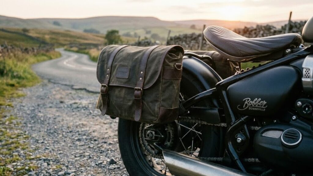 質感の良いサイドバッグを装着した様子。ボンネビルボバーはダサいとされる積載性の低さを、スタイルを損なわずに解決する実用的なカスタムを施したツーリング仕様の画像。