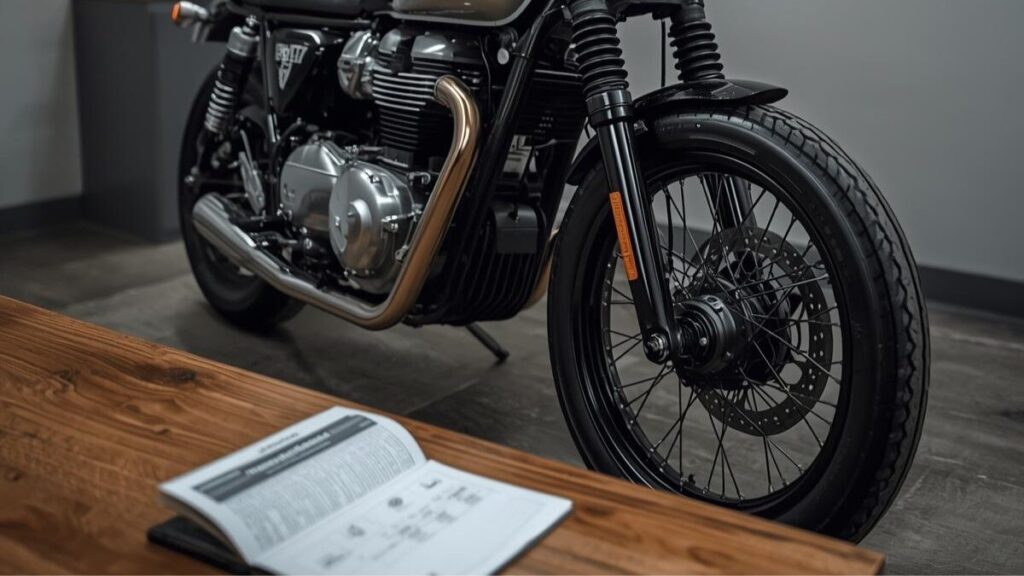 中古車販売店で展示される程度の良い車両。ボンネビルボバーはダサいという噂を確認しつつ、中古購入時に重要となる整備記録や各部の状態をチェックするシーンを表現しています。