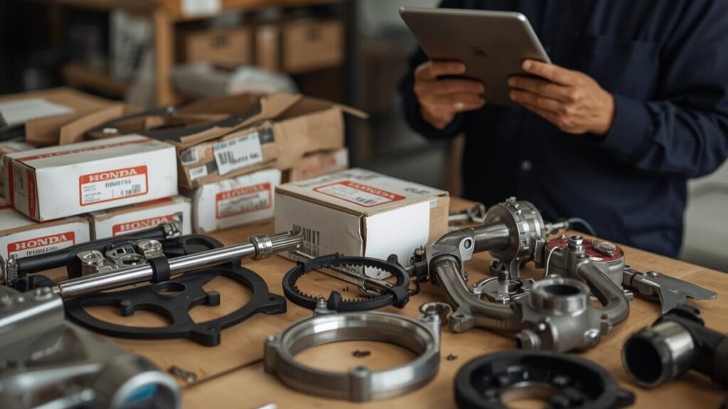 作業台に並べられた純正部品と社外品のカスタムパーツ。CBR250RR MC22は壊れやすい部品の供給状況を確認しながら、最適な入手ルートで維持を楽しみます。