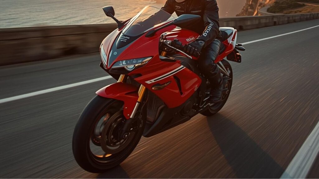 夕暮れの海岸沿いを軽快に走行するCBR250RR MC22と日本人ライダー。CBR250RR MC22は壊れやすい面もありますが、唯一無二の超高回転性能が魅力です。