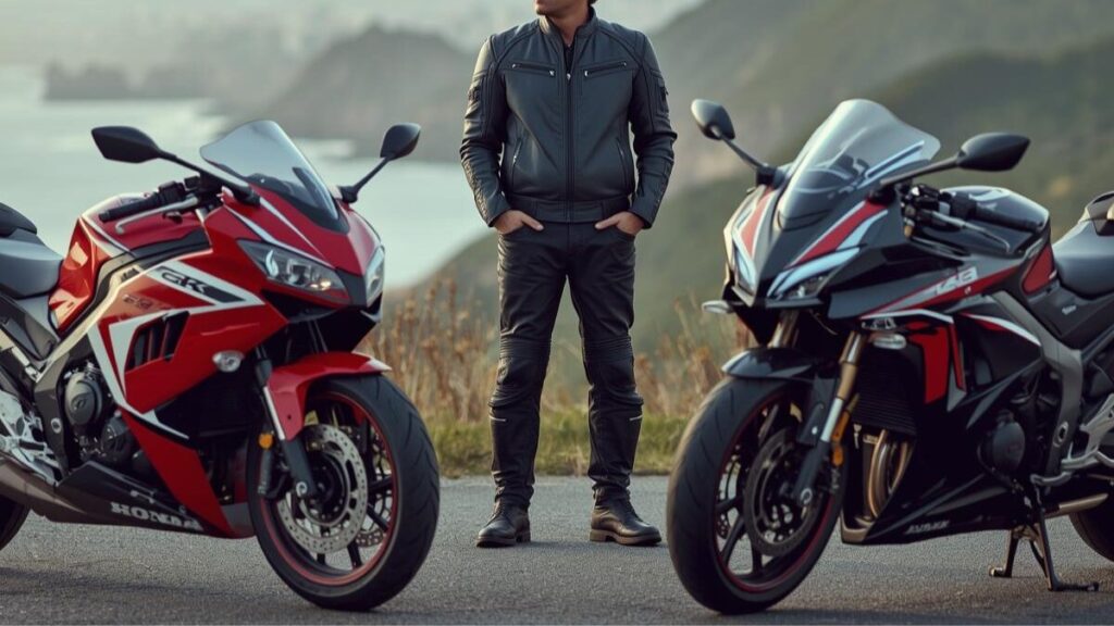 海岸沿いで新旧のホンダCBR250RRを眺める50代の日本人ライダー。CBR250RRの年式の違いを象徴する、歴代モデルの進化を感じさせる美しい風景。