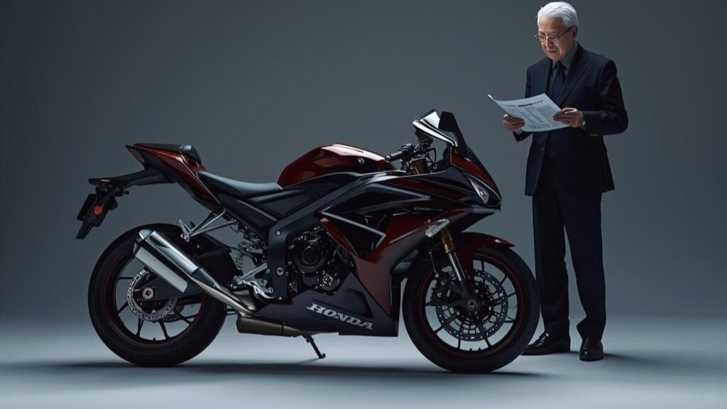 スタジオで愛車のスペックを確認する年配のライダー。MC22とMC51の型式や基本スペックなど、CBR250RRの年式の違いを整理するための落ち着いたイメージ。