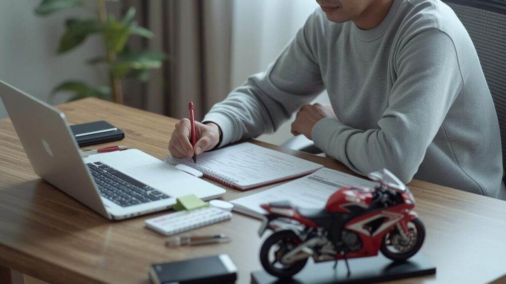 デスクでバイクの維持費や保険を計画的に管理する男性。250ccクラスのメリットを活かし、CBR250RRの年式の違いに伴う維持費を検討する落ち着いた日常。