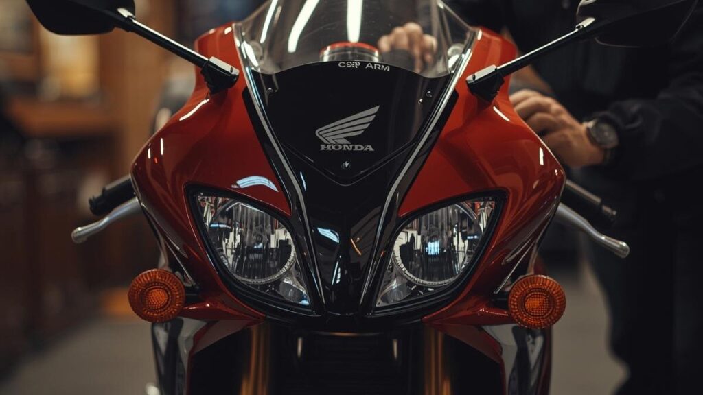 ガレージで伝説の4気筒モデルMC22型を丁寧に手入れする男性。当時のロマンを感じさせるディテールと、CBR250RRの年式の違いを知る上で欠かせない名車の姿。