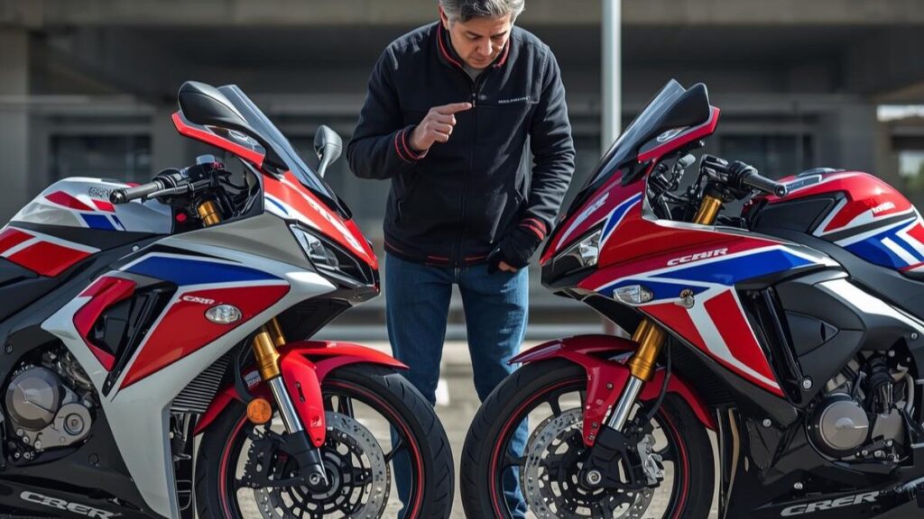 最新の足回りやエンジン装備を確認するベテランライダー。前期型と後期型の細かな意匠を比較し、CBR250RRの年式の違いを視覚的に解説する現代的なシーン。