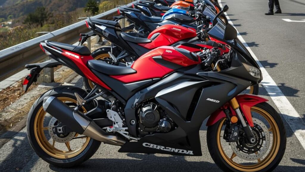 峠道に並ぶ歴代カラーのCBR250RRと、それを見守るベテランライダー。ボディカラーからCBR250RRの年式の違いを判別できる、彩り豊かな風景。