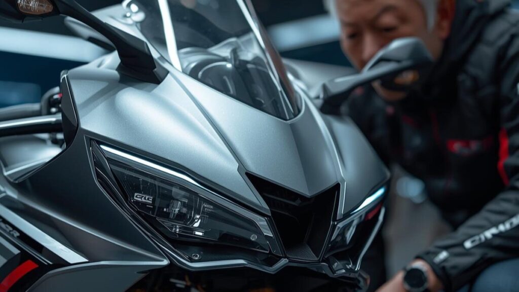 最新の2025年モデルの新色をショールームで吟味する日本人男性。性能の完成度とCBR250RRの年式の違いを最新カラーから読み取るプロフェッショナルな一枚。