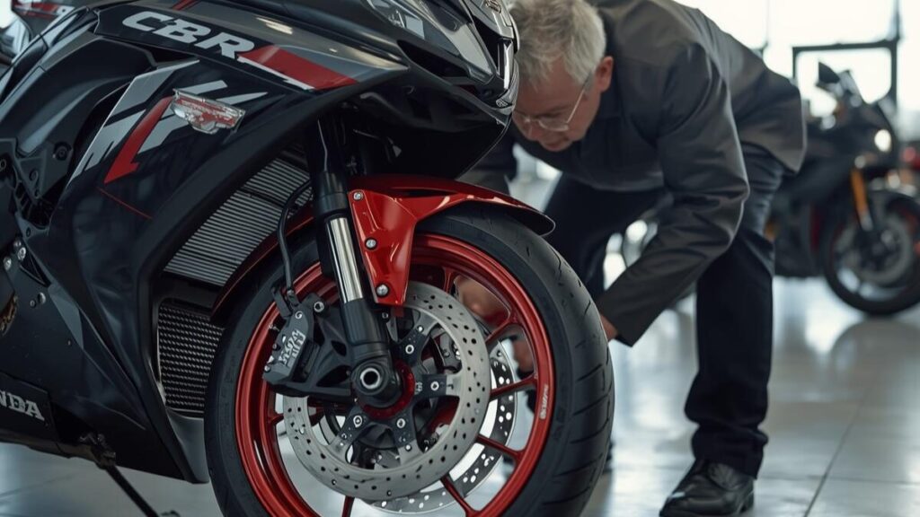 中古のホンダCBR250RRの状態を入念にチェックするベテランライダー。消耗品や外装を確認し、CBR250RRの年式の違いによる装備の差を検討している様子。