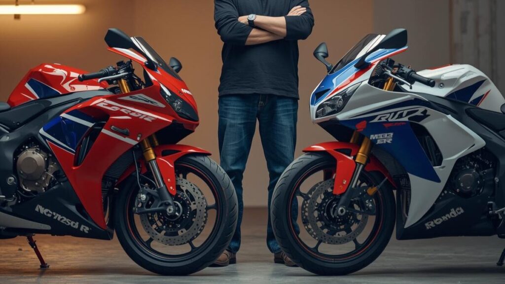 新旧2つのモデルを前に、どちらが自分に合うか考える50代の男性。走行スタイルに合わせてCBR250RRの年式の違いから最適な一台を選ぼうとするシーン。