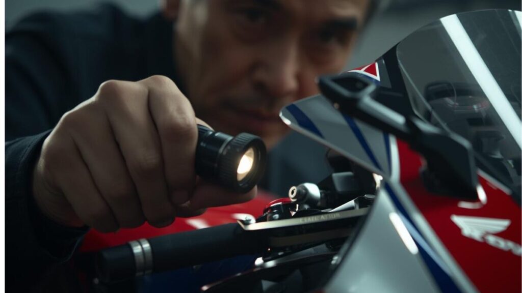 フレームの刻印を確認して正確なモデル特定を行う様子。車体番号からCBR250RRの年式の違いを判別するための正しい確認手順を説明するイメージ画像。