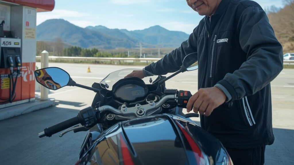 ツーリングの途中で給油を行うCBR250RRと熟練ライダー。満タン時の航続距離を意識しながら、CBR250RRの年式の違いによる燃費性能を実感する風景。