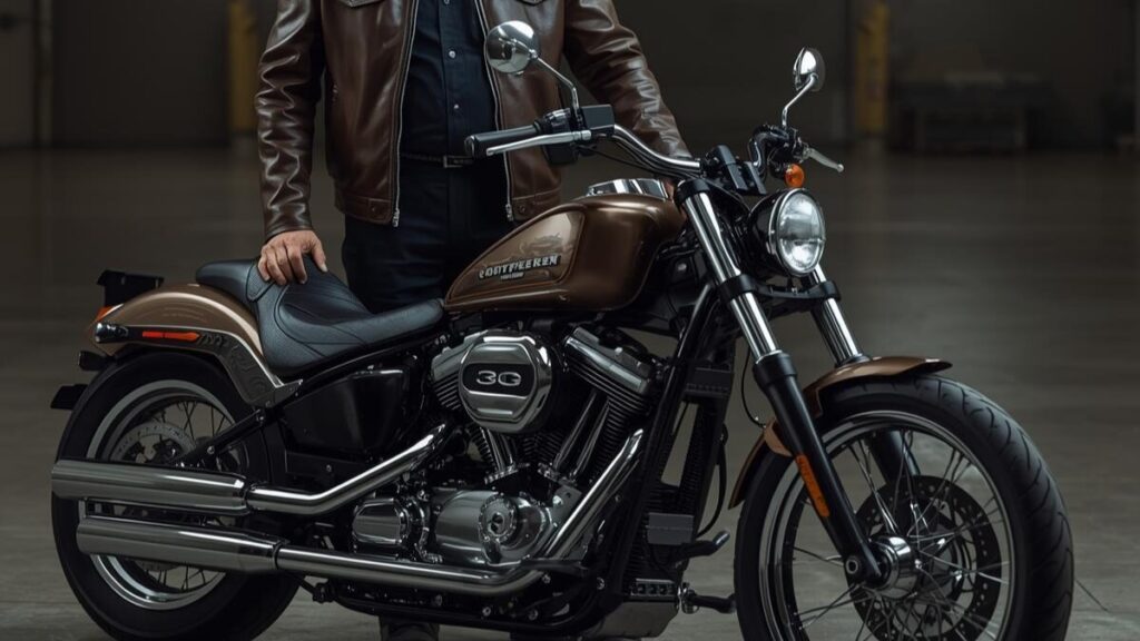 ガレージで愛車と向き合う60代の日本人男性。ドラッグスター400をハーレー仕様にカスタムした際の質感や、大人の趣味としての奥深さを表現したプロフェッショナルな一枚。