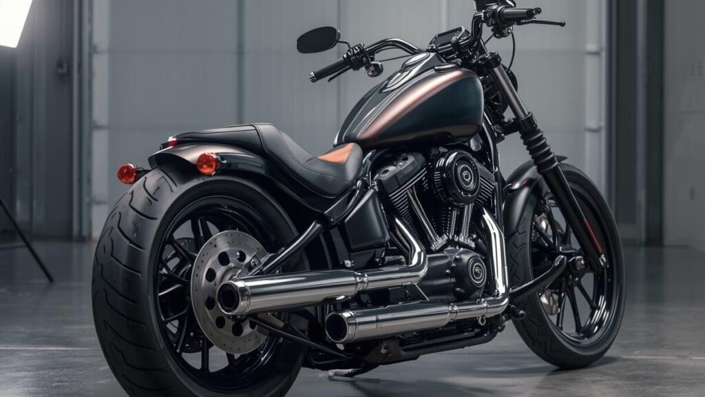 ガレージで輝くフルカスタム車両のサイドビュー。ドラッグスター400をハーレー仕様に仕上げる際の、高価なパーツや塗装の質感を感じさせる高品質な写真。
