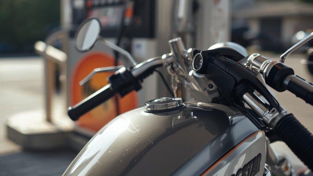 ガソリンスタンドで給油ノズルをタンクに入れる様子。ドラッグスター400をハーレー仕様で楽しむ上でも重要な、リッターあたりの実燃費や維持費の目安を想起させる日常的な光景。