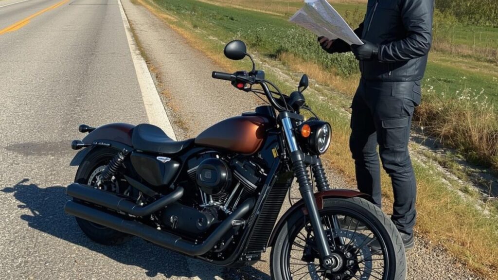 郊外の道端で地図を確認するライダーとカスタムバイク。ドラッグスター400をハーレー仕様にする際に人気の小ぶりなタンクが、航続距離に与える影響と給油計画の重要性を示唆する一枚。