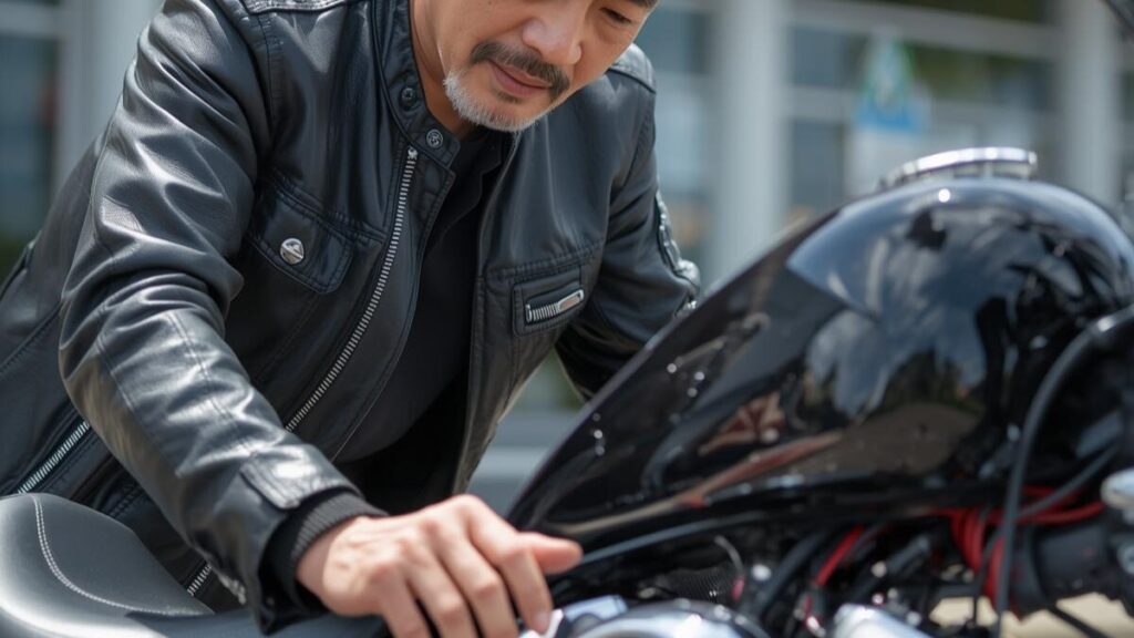 中古車店でカスタム車両を厳しくチェックする50代の日本人男性。ドラッグスター400をハーレー仕様にした中古車を選ぶ際の、点検の重要性を伝える写真。