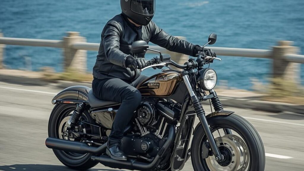 ヘルメットを着用し海岸線を軽快に走る60代男性。ドラッグスター400をハーレー仕様にするよりも維持費を抑えられ、手軽にカスタムを楽しめる250ccモデルの走行シーン。