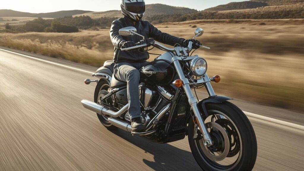 晴れた高速道路をゆったりと流すライダーの走行シーン。ドラッグスター400をハーレー仕様にする際にも知っておきたい、最高速の数値ではなく心地よい鼓動感を重視したバイクの特性を表現。