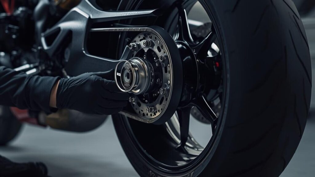 清潔な整備工場でリアタイヤを点検する様子。ドゥカティ ディアベルの故障を未然に防ぎ、性能を維持するために必要な年間コストとメンテナンスをイメージしています。