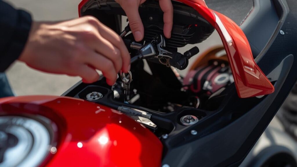 シートを取り外して内部を確認するメンテナンスの様子。ドゥカティ ディアベルの故障対策に欠かせない、バッテリーへのアクセス方法と日常点検の位置を解説する画像です。