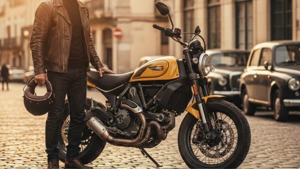 夕暮れ時の街角で、ドゥカティのスクランブラーで後悔しないよう細部を眺め検討する50代日本人男性と、黄金色に輝く車体のフォトリアルな風景。