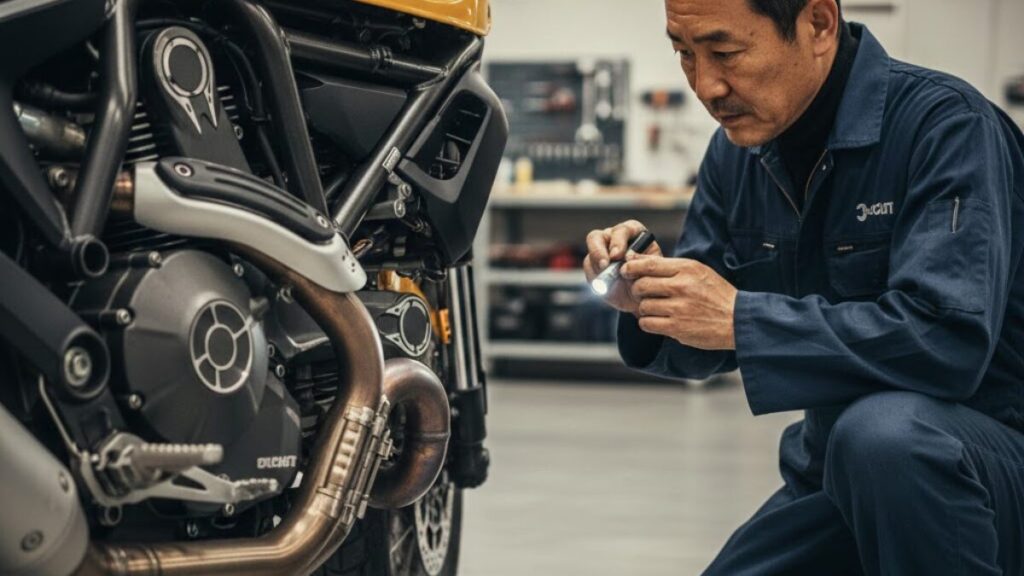 ドゥカティのスクランブラーで後悔する原因となりやすい故障の噂を検証するため、ガレージでエンジン周りの点検を受けるイタリアンバイクの精密なクローズアップ。