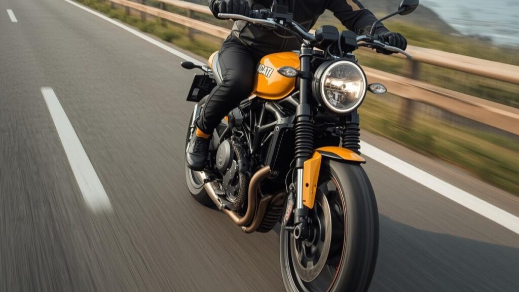 ドゥカティのスクランブラーで後悔しやすい最高速の数値よりも、余裕のある動力性能で海岸沿いをクルージングする力強い走行シーン。