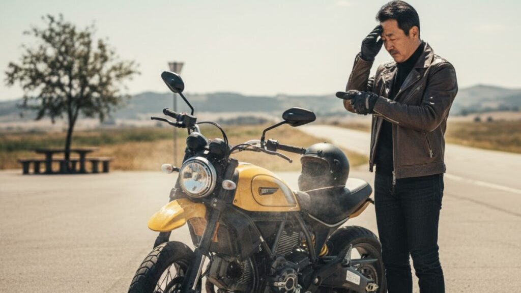 夏の強い日差しの中、ドゥカティのスクランブラーで後悔しがちなエンジンの熱対策として休憩を取る日本人ライダーと、陽炎が立つ空冷エンジンのリアルな描写。