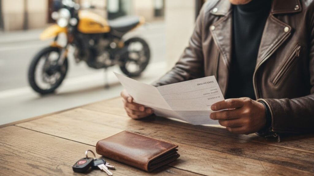 ドゥカティのスクランブラーで後悔しない維持費の計画を立てるため、カフェのテーブルに置かれたバイクの鍵と財布、そして窓越しに見える愛車の落ち着いた構図。
