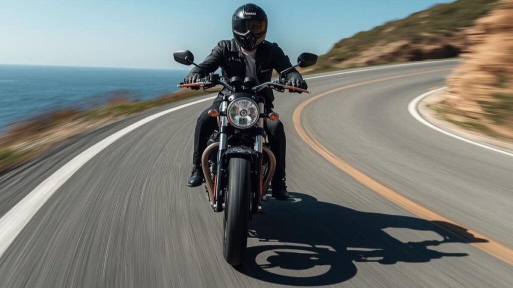 ドゥカティのスクランブラーで後悔しがちな最高速の数値よりも、海岸線のワインディングを軽快に流す楽しさを重視して走行する日本人ライダーのシネマティックな姿。