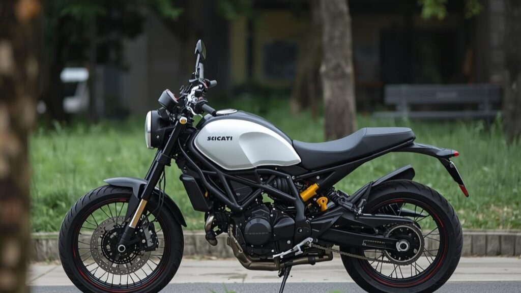 ドゥカティのスクランブラーで後悔を避けるための注意点として、積載性やシートの形状を静かな公園で冷静に確認している日本人オーナーの客観的な視点。