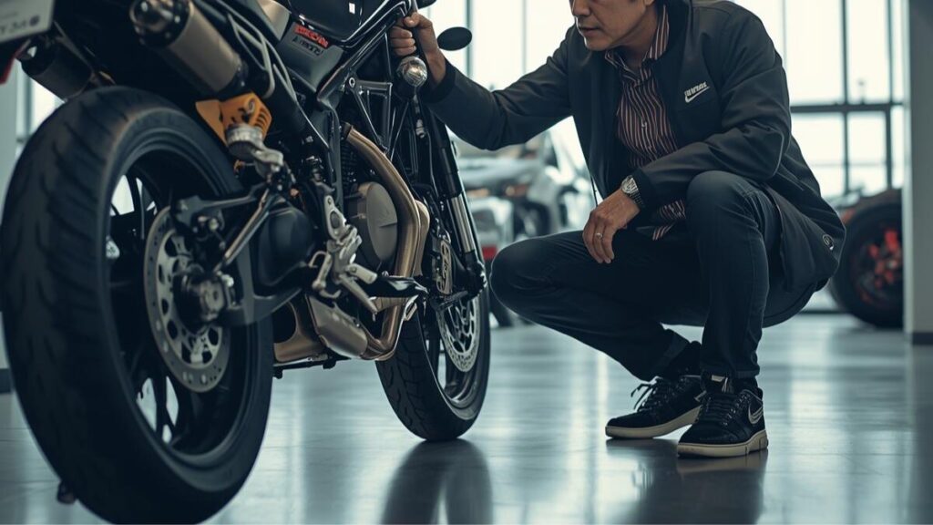 ドゥカティのスクランブラーで後悔しないために、明るいショールームでエンジンの細部や車体のコンディションを真剣に確認する50代日本人男性の様子。