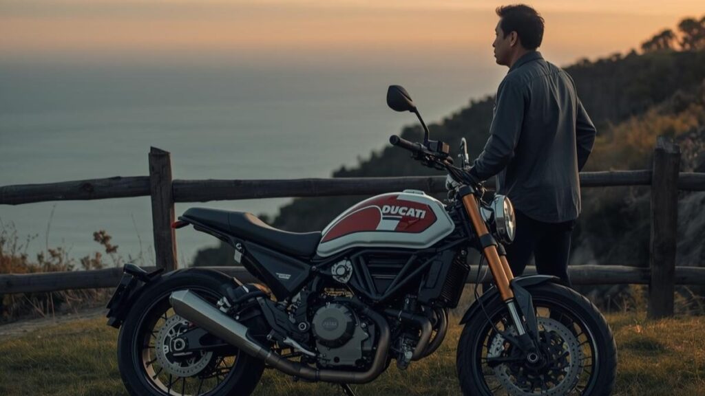 ドゥカティのスクランブラーで後悔することなく、所有する喜びと走行性能のバランスに満足しながら夕暮れの景色を楽しむ日本人オーナーと愛車の全景。