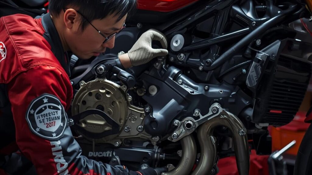 整備工場でエンジン点検を行う日本人整備士。高額なオーバーホール費用が必要な理由や「ドゥカティは燃える」トラブルを防ぐための専門的なメンテナンスの様子を解説。