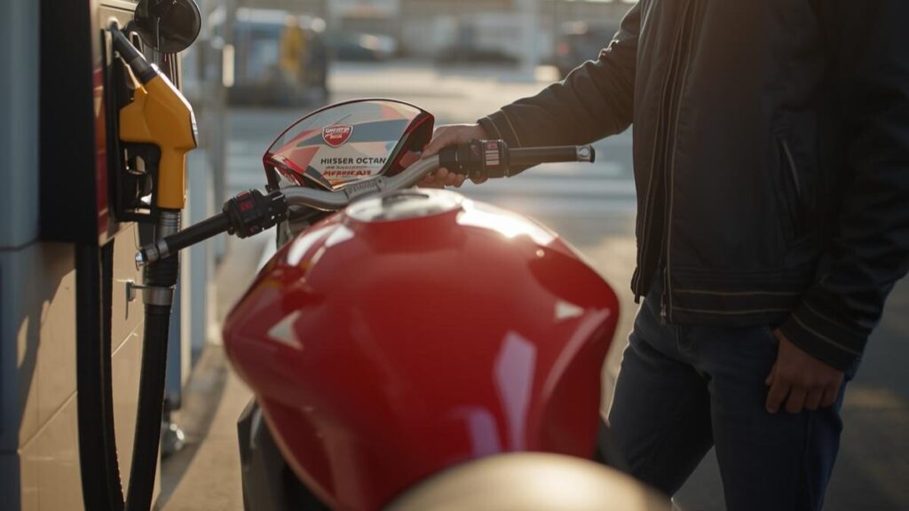 ガレージ付近のスタンドで給油する日本人ライダー。「ドゥカティは燃える」ようなエンジン故障を避けるため、指定されたハイオク燃料を使用することの大切さを伝える一枚。