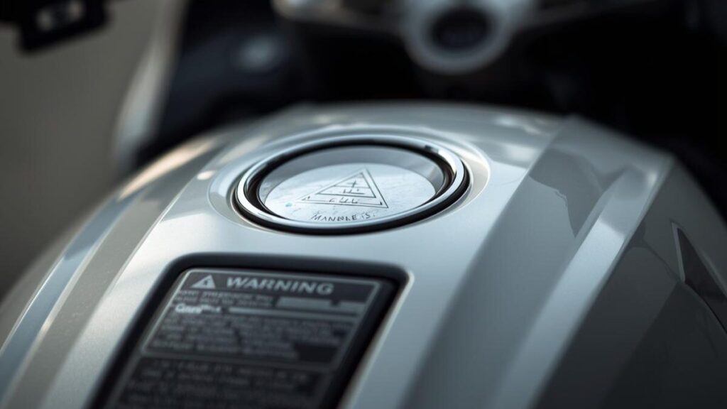 ドゥカティの燃料タンク付近にある警告ラベルのクローズアップ画像。「ドゥカティは燃える」という噂の根拠とされる注意書きの背景にある火災リスクと仕様を解説。