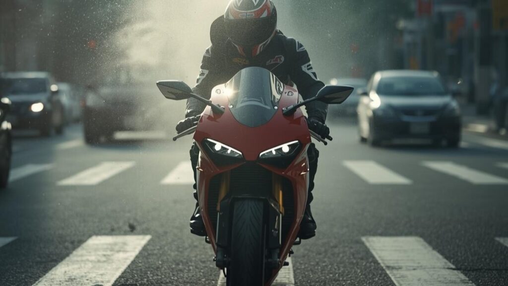 真夏の日本の都市部で渋滞に巻き込まれるバイクと陽炎。高性能ゆえの排熱量の多さが「ドゥカティは燃える」と言われる要因の一つであることを表現した、熱気が伝わる画像。