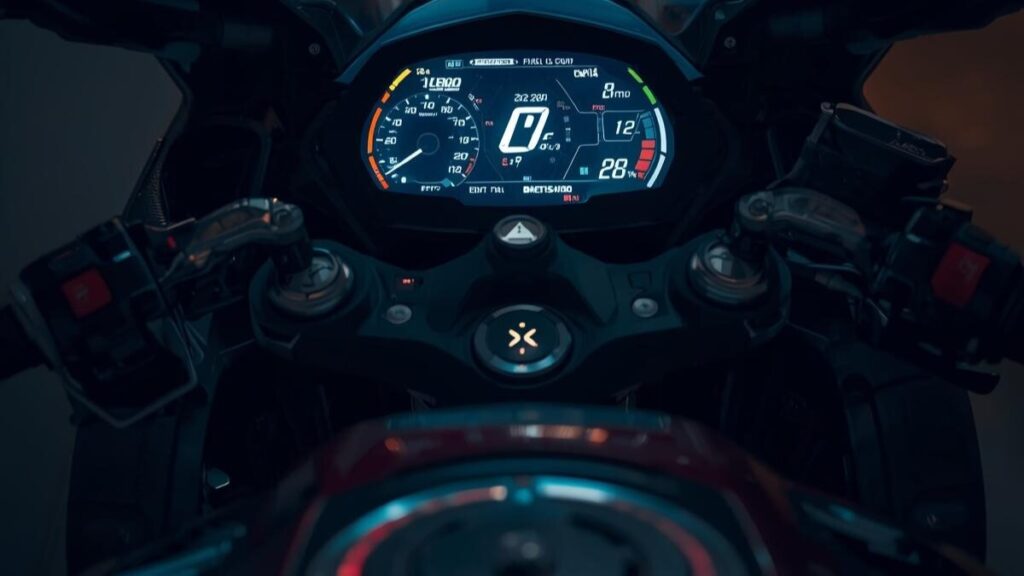 ガレージ内で点灯するドゥカティのデジタルメーター。「ドゥカティは燃える」トラブルを未然に防ぐため、アイドリング不安定などの不調サインを見逃さない重要性を示す。