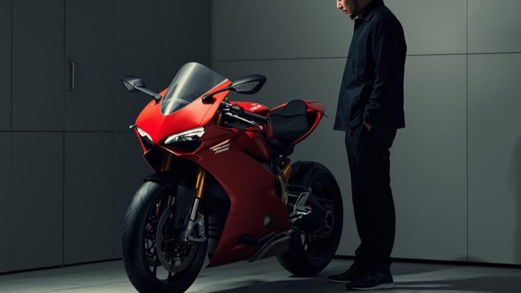 日本のガレージで愛車を前に考え込む日本人オーナー。「ドゥカティは燃える」という噂や維持費、乗り味のクセから「やめとけ」と言われる理由を、冷静に見極める必要性を表現。